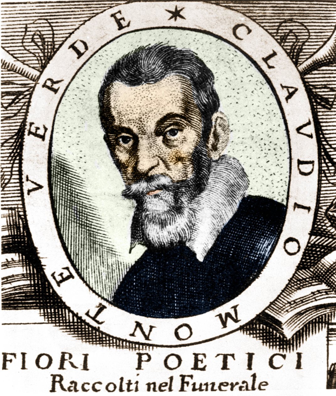 Claudio Monteverdi'nin portresi, 1644'te Venedik'te yayınlanan, çok ünlü ve çok saygıdeğer Signor Claudio Monteverdi'nin cenazesinde toplanan Şiirsel çiçeklerin ön sayfasından sonra. by Unknown artist
