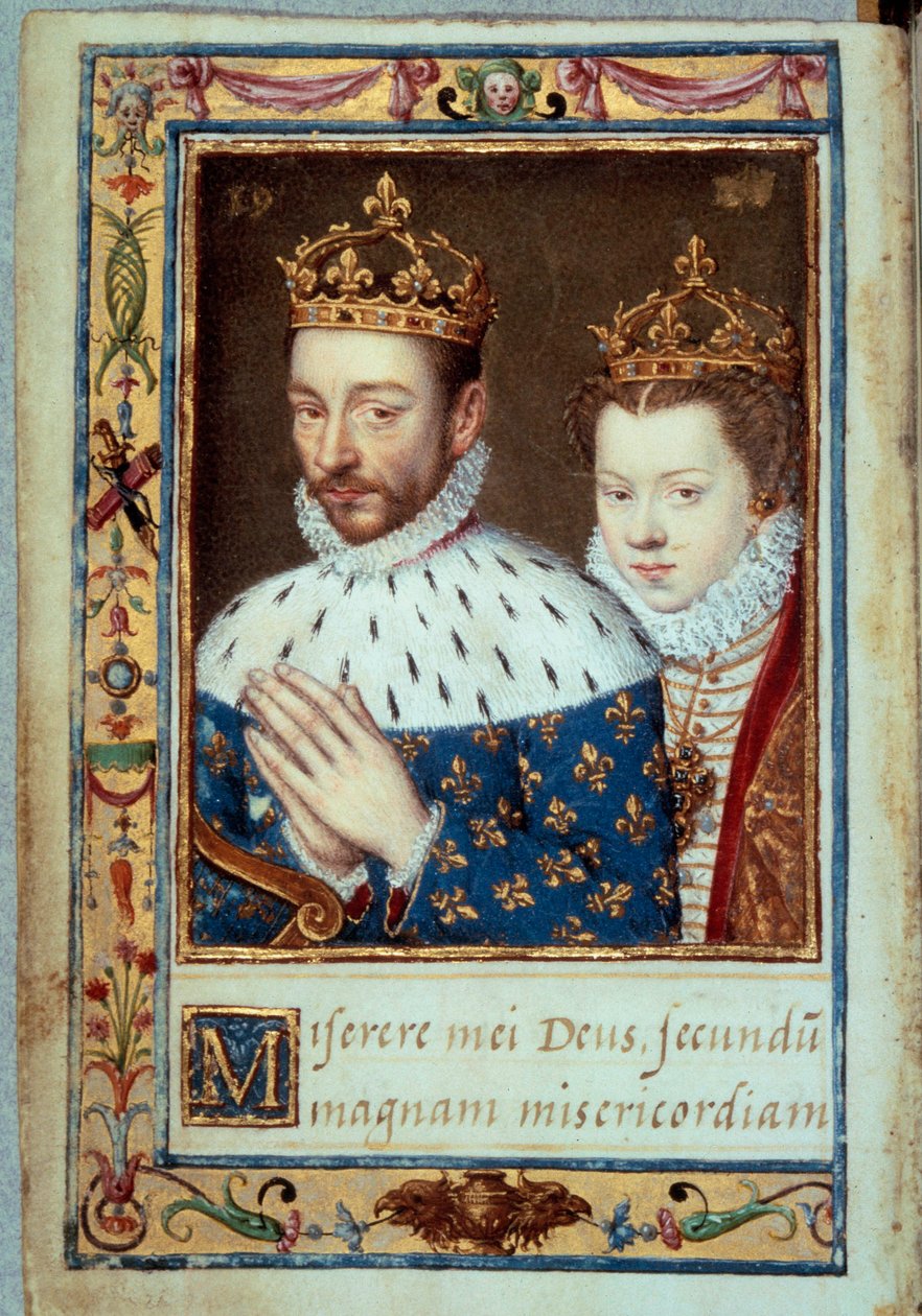 Kral Charles IX (1550-1574) ve Avusturya Elizabeth'in (1554-1592) portresi Fransa Kraliçesi "Caterina de Medicis'in Saatler Kitabı"nın (Caterina de Medici) el yazması sayfası 16. yüzyıl Paris, BN by Unknown artist