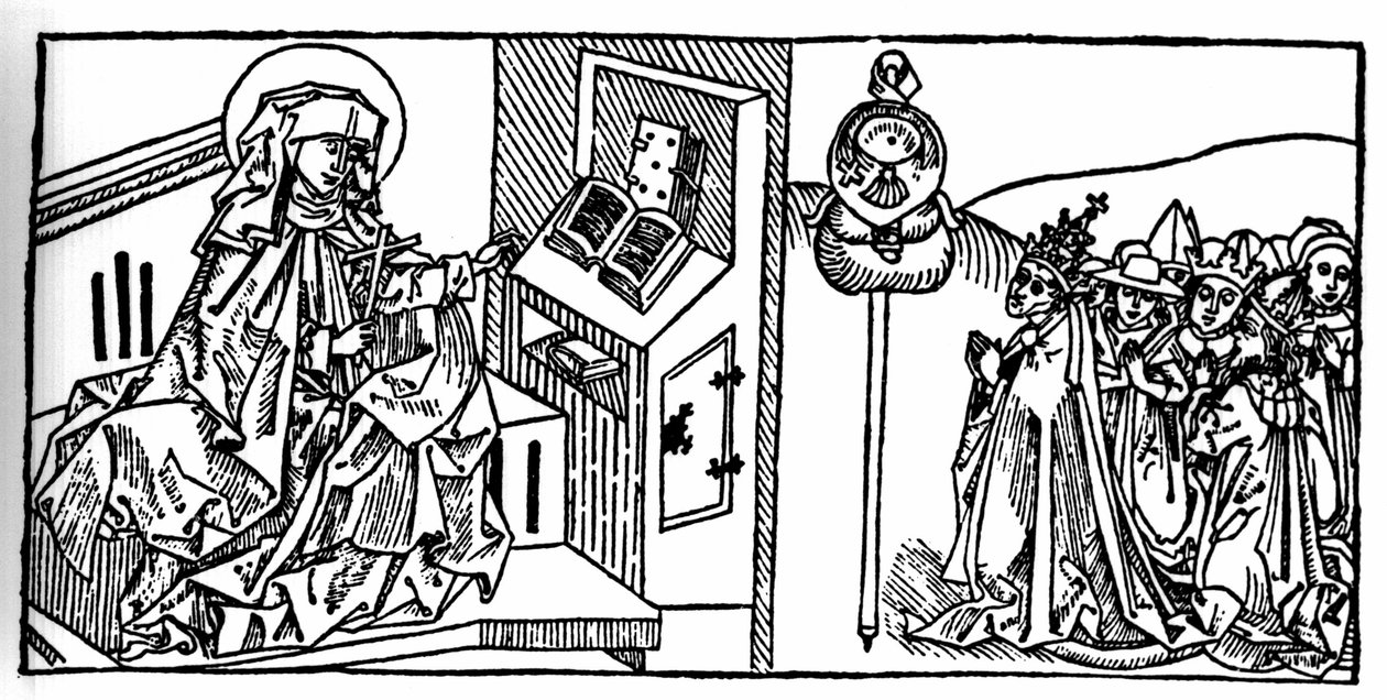 İsveçli Aziz Brigitte'in Portresi (1103 - 1373). Voragine'li Jacobus (James) (1228-1298) tarafından yazılan “Azizlerin Yaşamları - yaz bölümü”nden (Azizin kitabı) gravür. Lübeck 1488. by Unknown artist