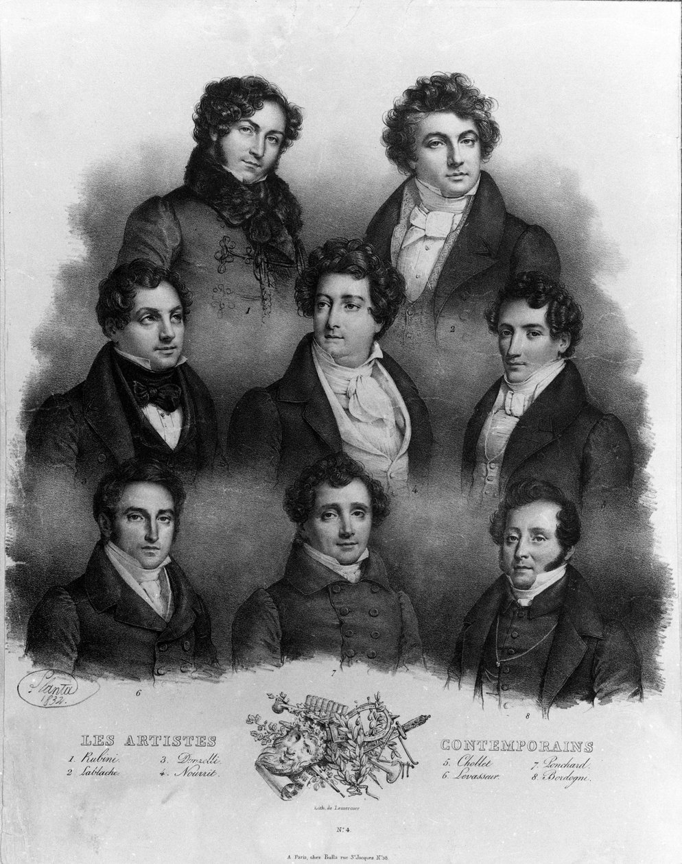 Farklı opera sanatçılarının portresi: 1 Giovanni Battista Rubini (1794-1854) 2 Luigi Lablache (1794-1858) 3 Domenico Donzelli (1790-1873) 4 Adolphe Nourrit (1802-1839) 5 Choblet; 6 Nicolas Levasseur (Vasseur) (1791-1871) 7 Louis Antoine Ponchard başarılı o by Unknown artist