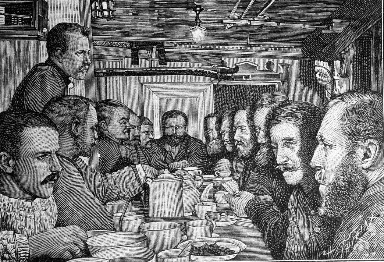 Norveçli kaşif Fridtjof Nansen'in (1861-1930), bilim adamı ve diplomatın portresi, 1897 civarında Fram gemisinin mürettebatına Kuzey Kutbu'na yaklaşma planını duyuruyor. Gravür by Unknown artist