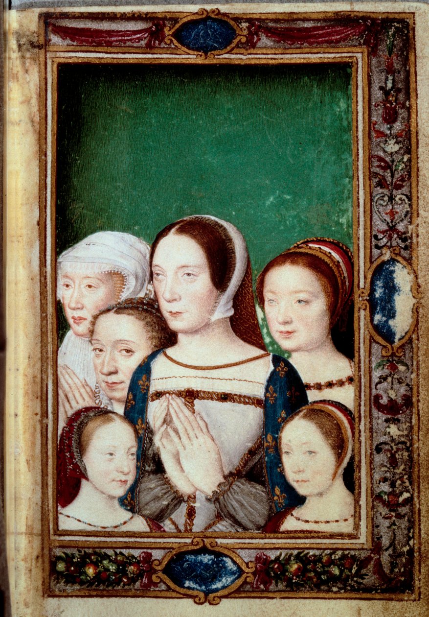 François I ve iki karısının kızlarının portreleri. Kızlar: Louise (1515 - 1517). Charlotte (1516 - 1524), Madeleine (1520-1537), Marguerite (1523-1574). Fransa Claude (1499-1524) ve Habsburg Eleonore (1498-1558). Ho
