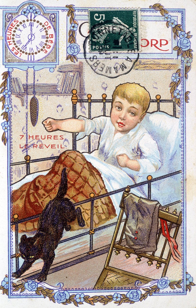 Bir çocuğun gününün seyrini gösteren kartpostal. Saat 7