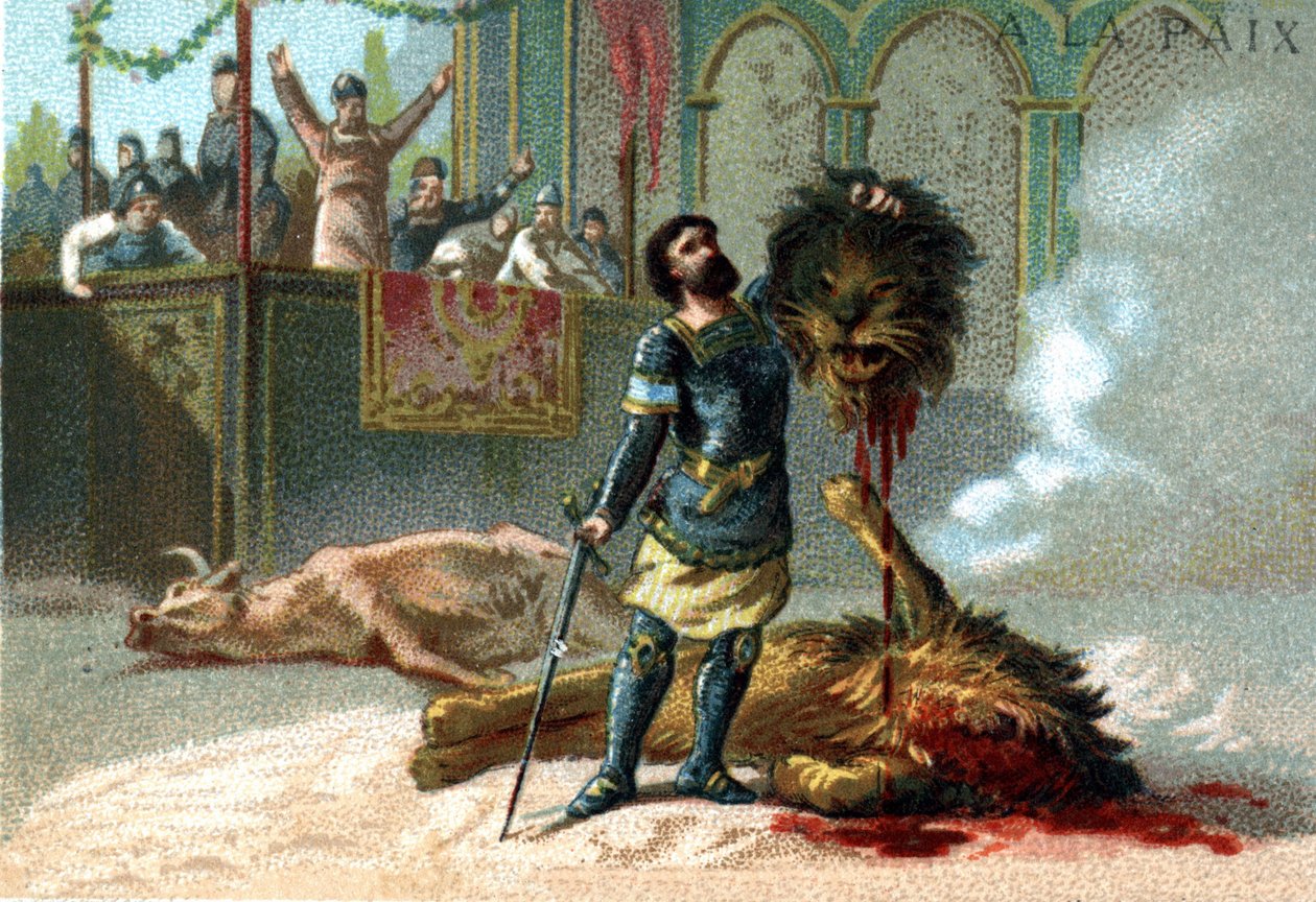 Frankların Kralı Pépin le Brief (715-768), 751 yılında taç giyme törenini kutlamak için verilen ziyafetlerde bir aslan ve bir boğayla dövüşür. by Unknown artist