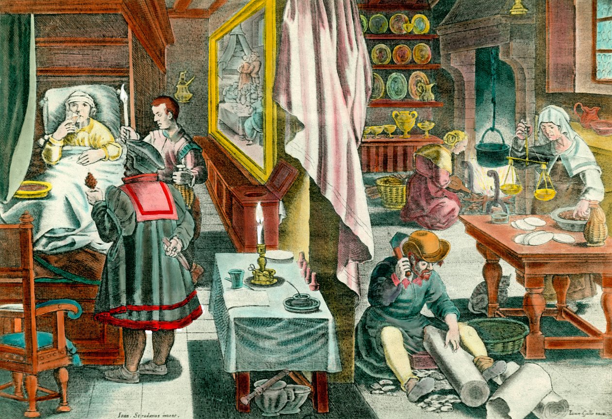 Venerian sifiliz hastalığına karşı guano bazlı ilaçların hazırlanması ve uygulanması”” 17. yüzyıl gravürü. Paris. Tıp Akademisi by Unknown artist