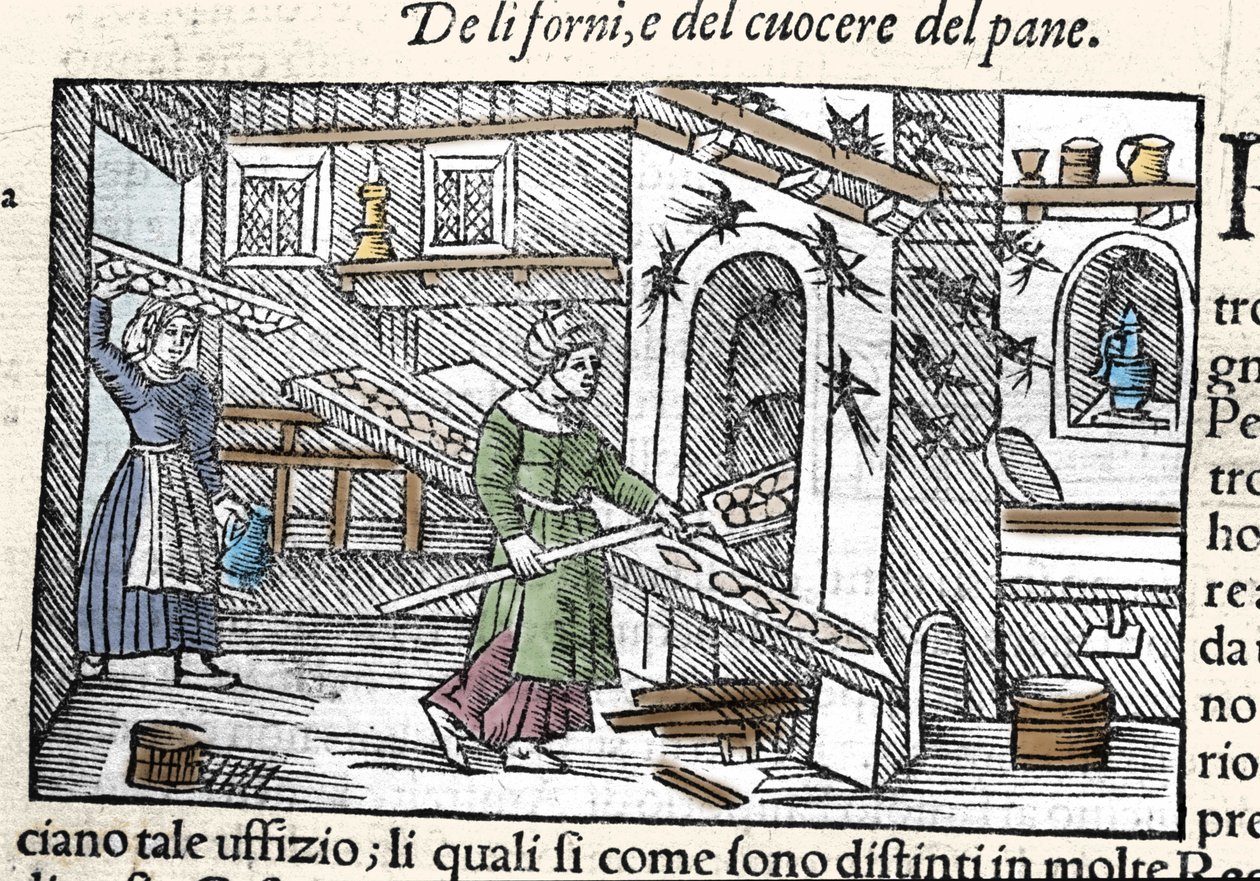 Fırında ekmek hazırlama ve pişirme. Olaus Magnus (1490-1557), İsveçli din adamı ve coğrafyacı tarafından gravür, “Historia de Gentis Septentrionalibus”, Venedik by Unknown artist