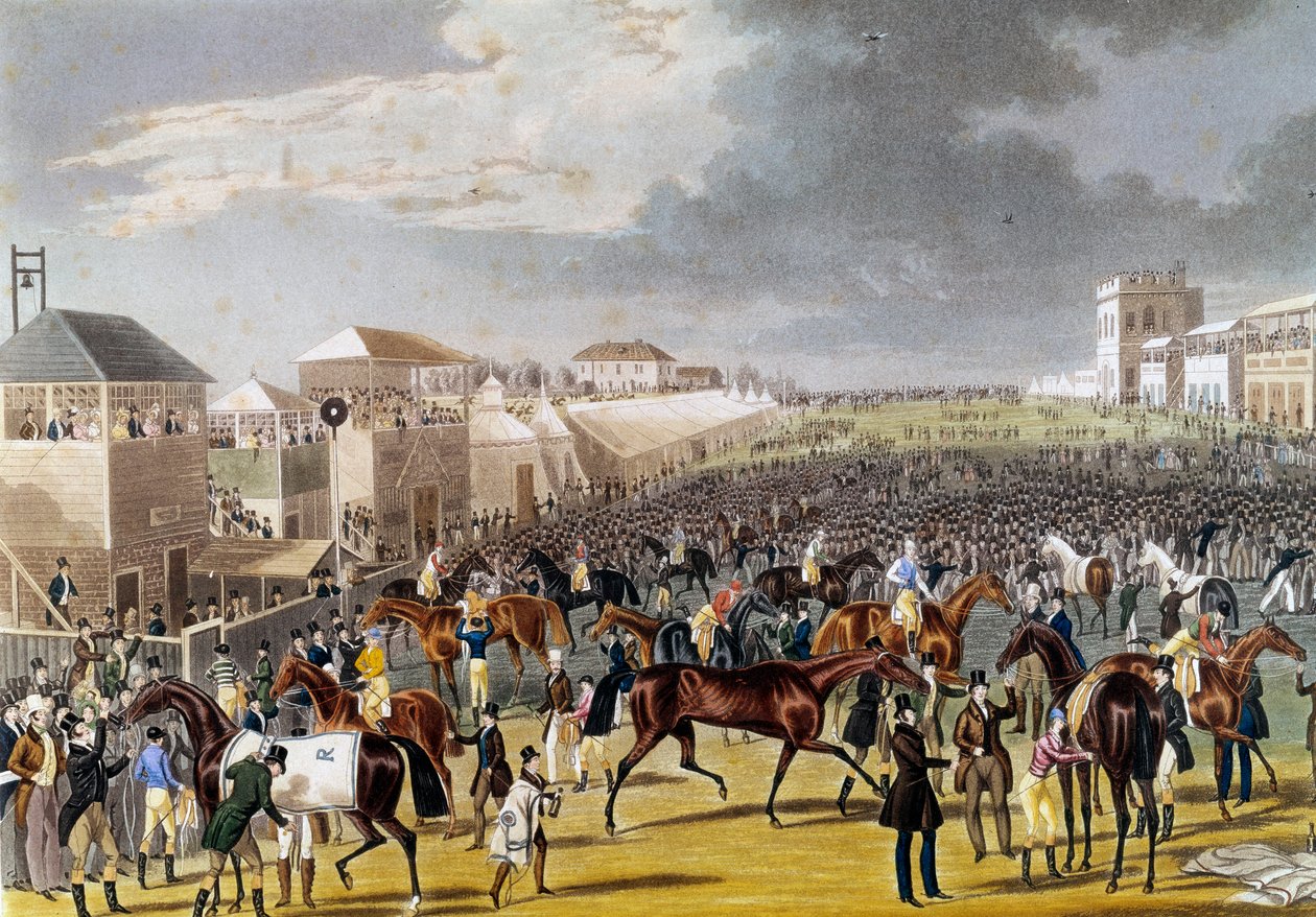 Epsom yarışı için hazırlıklar (Epsom Oaks: İngiliz at yarışı). 19. yüzyıl Özel Koleksiyonunun gravürü by Unknown artist