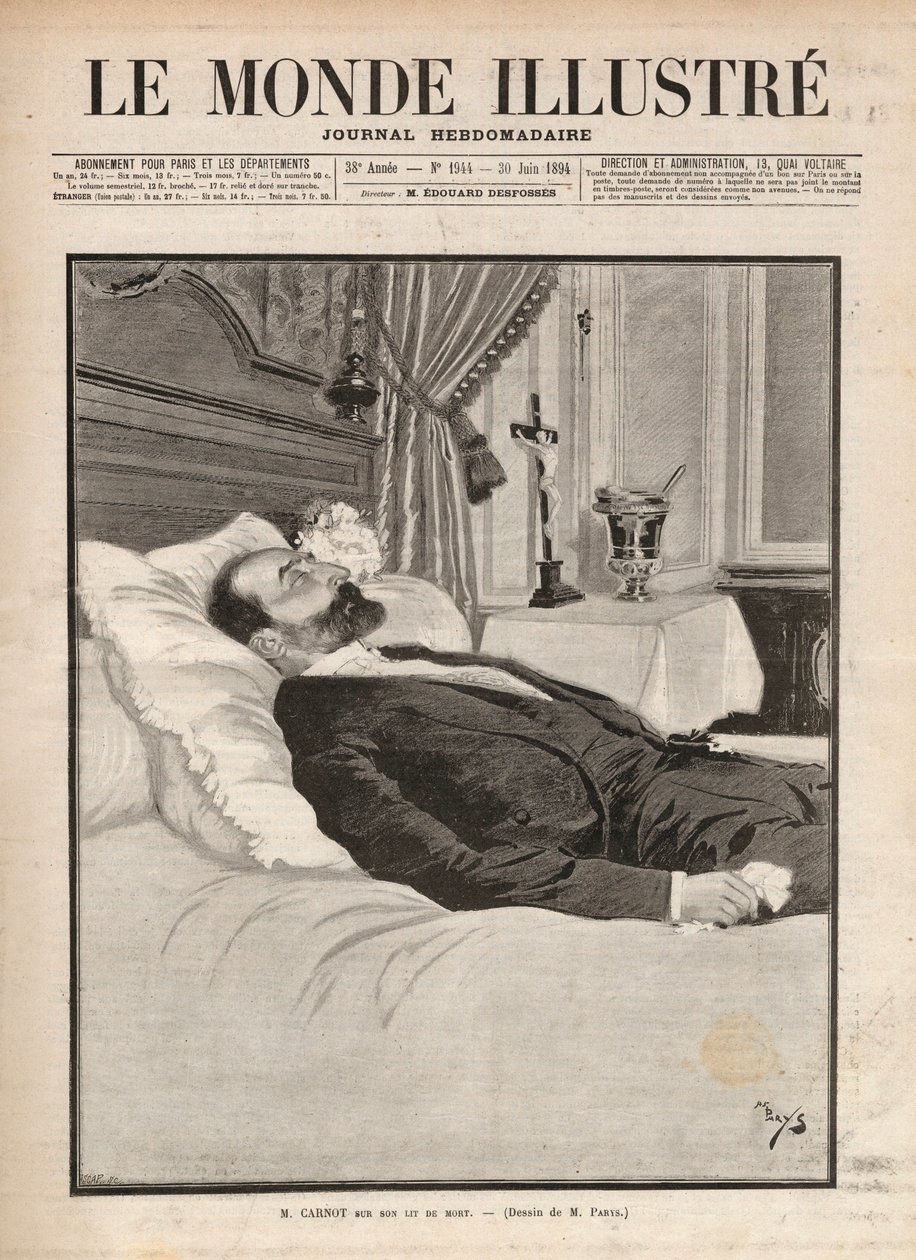 Cumhuriyet Cumhurbaşkanı Sadi Carnot (1837-1894) ölüm döşeğinde, sendika ve anarşist ajitasyon bağlamında, 24 Haziran