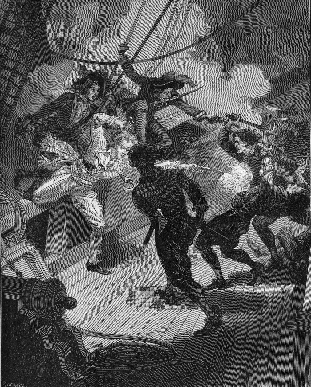 Er Jean Bart (1650-1702) bir gemiye yaklaşıyor. 19. yüzyılın gravürü. Jules Michelet