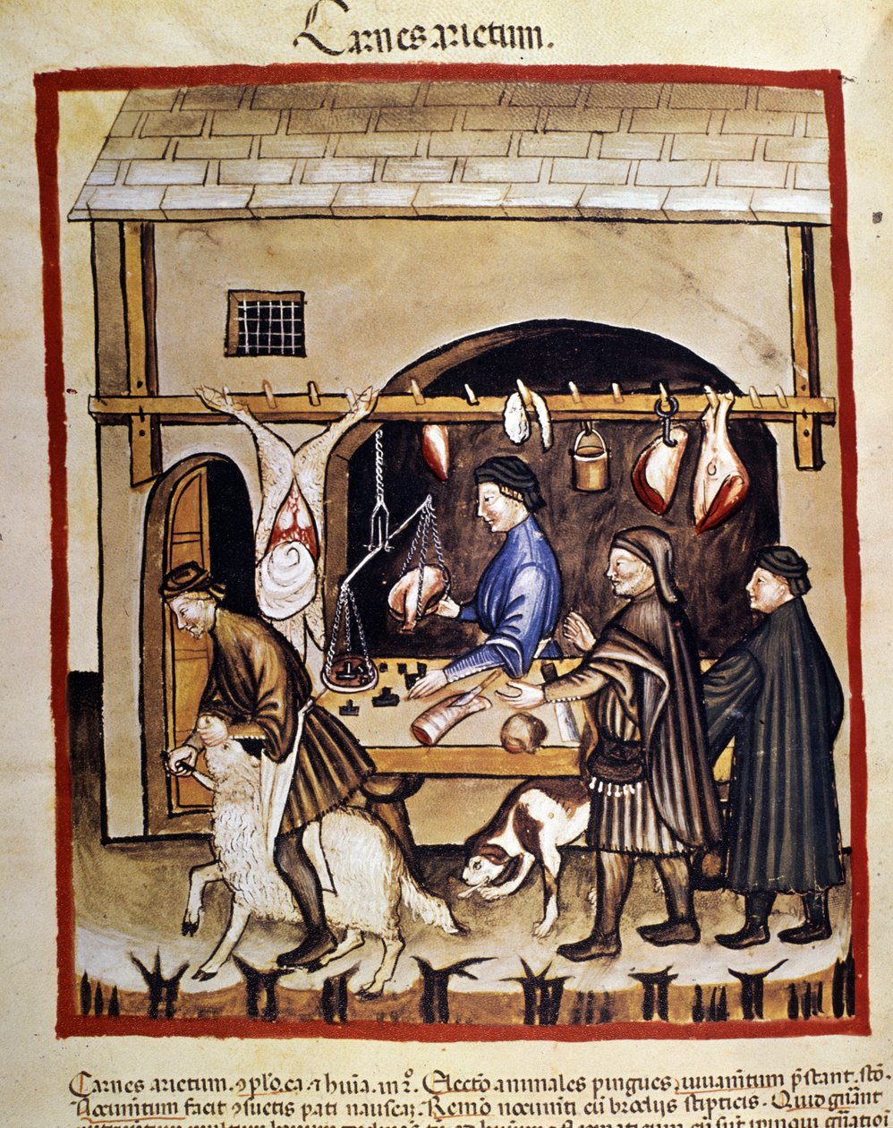 Koyun eti üretimi ve satışı (kasap). Bir koyun kesilir. İlaç ve diyetetik sağımlarından aydınlatma “” Tacuinum sanitatis”” by Unknown artist