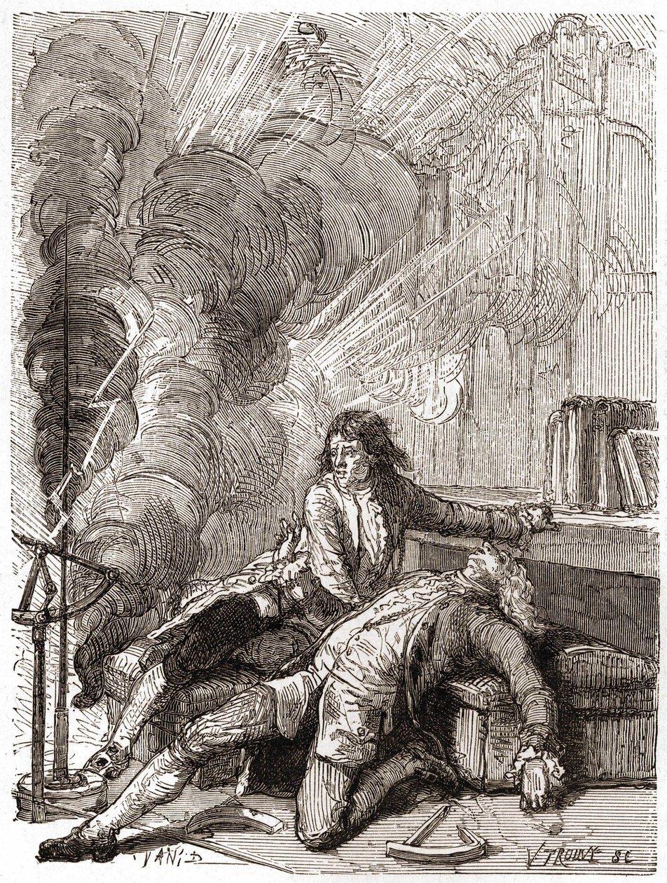Profesör Georges Guillaume Richmann (1711-1753), bir elektrometre ile yaptığı deneyi takiben atölyesinde öldü. by Unknown artist