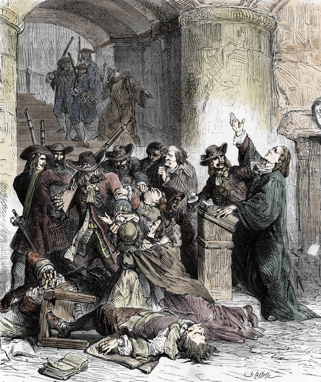 Edit de Nantes'in (XIV.Louis (1681-1686) yönetimindeki ejderler) iptal edilmesinden sonra rahiplerin yasaklanması ve Protestanların tutuklanması: Protestanları katleden Katolik askerler (ejderhalar). 19. yüzyıl (gravür) by Unknown artist