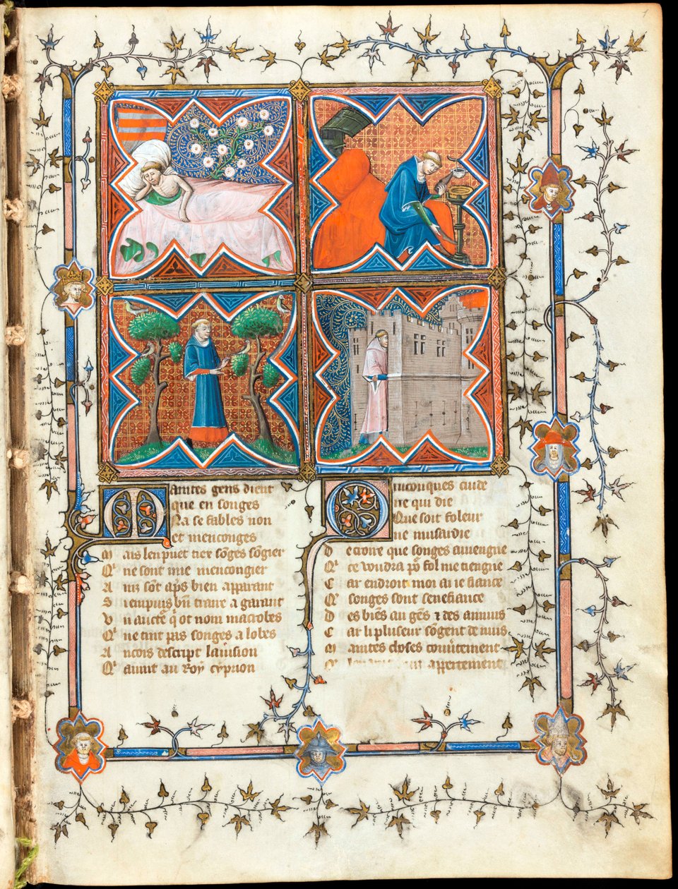 Guillaume de Lorris (1200-1238 civarında) ve Jean de Meun (Meung) (1240-1305) tarafından 1353 civarında İsviçre tarafından yazılan "Le Roman de la Rose" el yazmasından ""Farklı faaliyetlerle meşgul dört adam"" ışıklı sayfa, Cenevre Kütüphanesi by Unknown artist