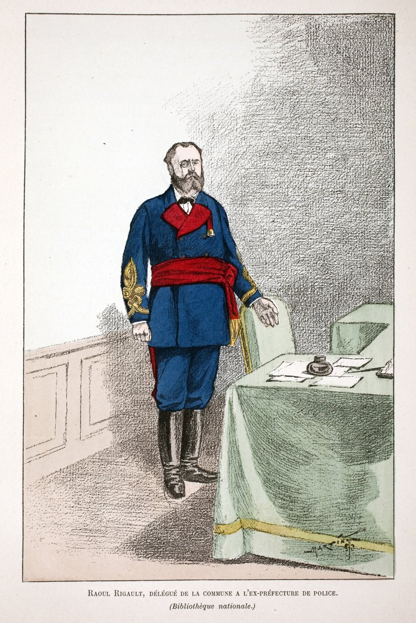 Raoul Rigault (1846-1871), eski polis vilayetine Komün delegesi. Polis şefi Louis Lepine (1846-1933) himayesinde yayınlanan “Barış Muhafızları Kolordu Tarihi”” kitabı için renkli gravür by Unknown artist