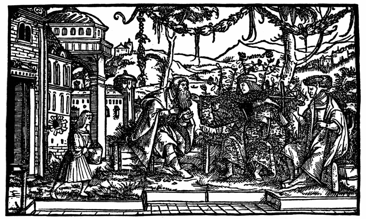 Ütopya'da beş yıl geçiren bir gezgin olan Raphaël Hythlodée, Thomas More ve Pierre Gilles'e yolculuğunu anlatıyor. Thomas More'un (1478 - 1535) 1516 tarihli “Ütopya” baskısında yayınlanan Xylography. by Unknown artist