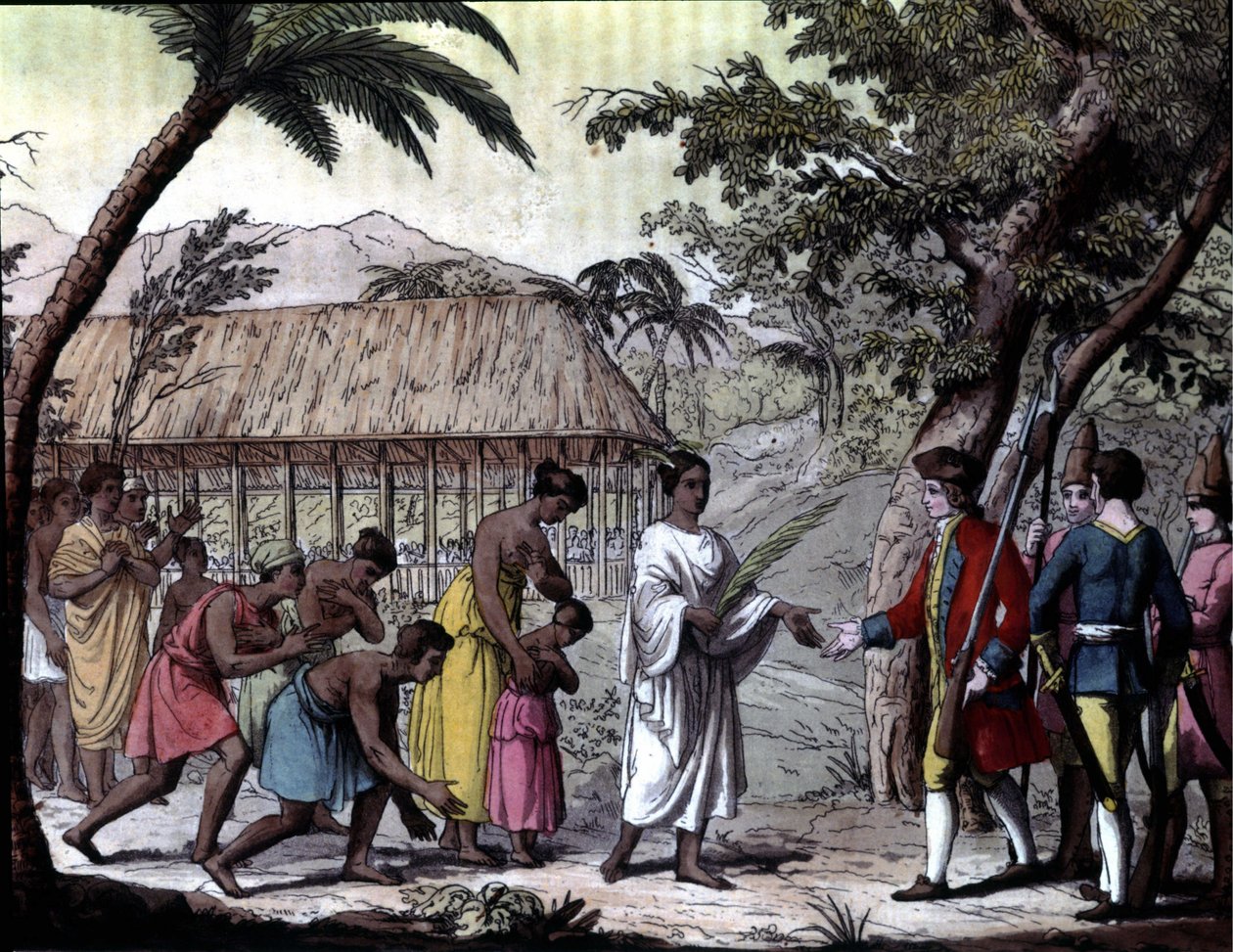Tahiti'deki Kraliçe Oberea tarafından denizci Samuel Wallis'in makbuzu. “” Cook'un Navigasyonları”, Milano by Unknown artist