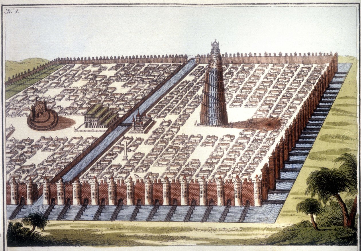 Muhafaza, asma bahçeler ve ziggurat ile antik Babil kentinin yeniden inşa edilmiş görünümü. by Unknown artist