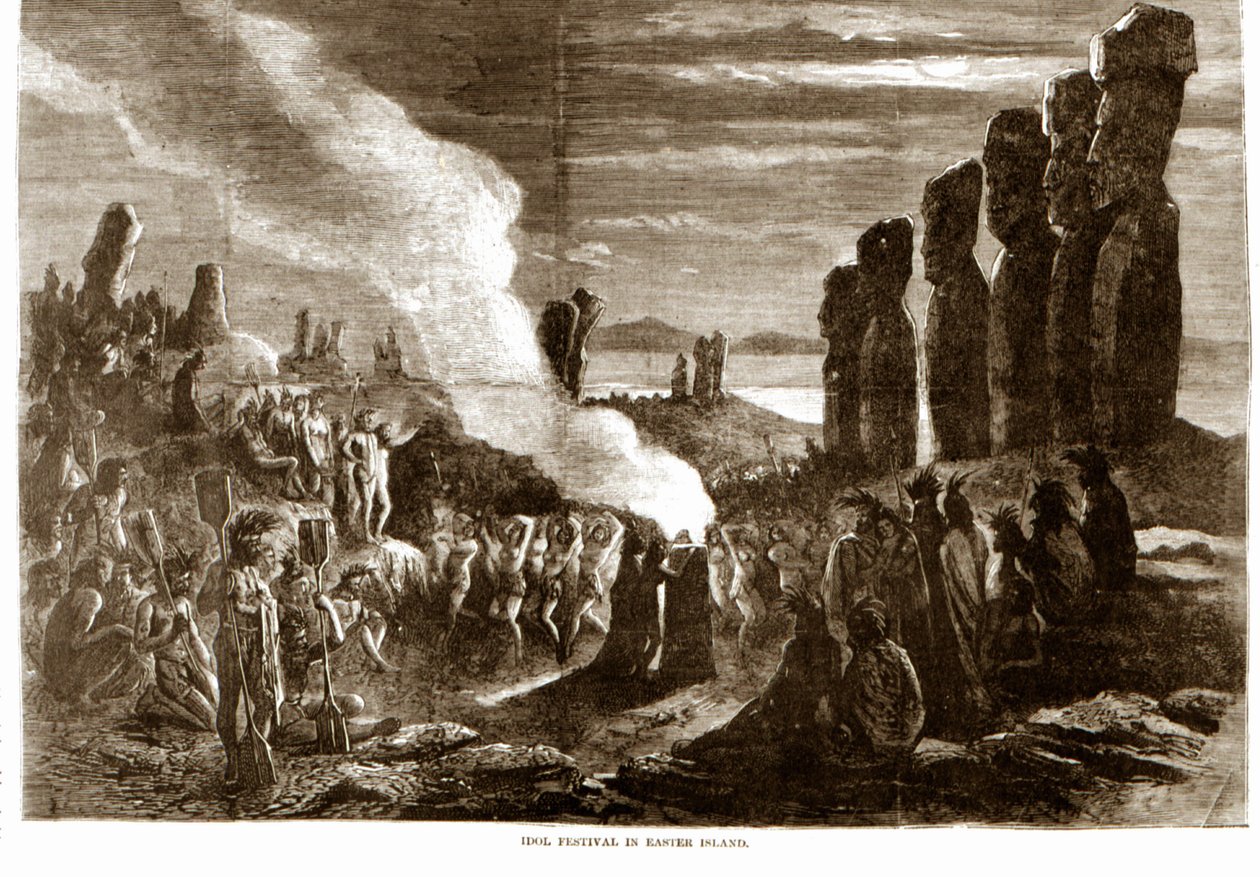 Paskalya Adası'nda (Rapa Nui), Polinezya'da dini tören. 19. yüzyıl gravürü. by Unknown artist