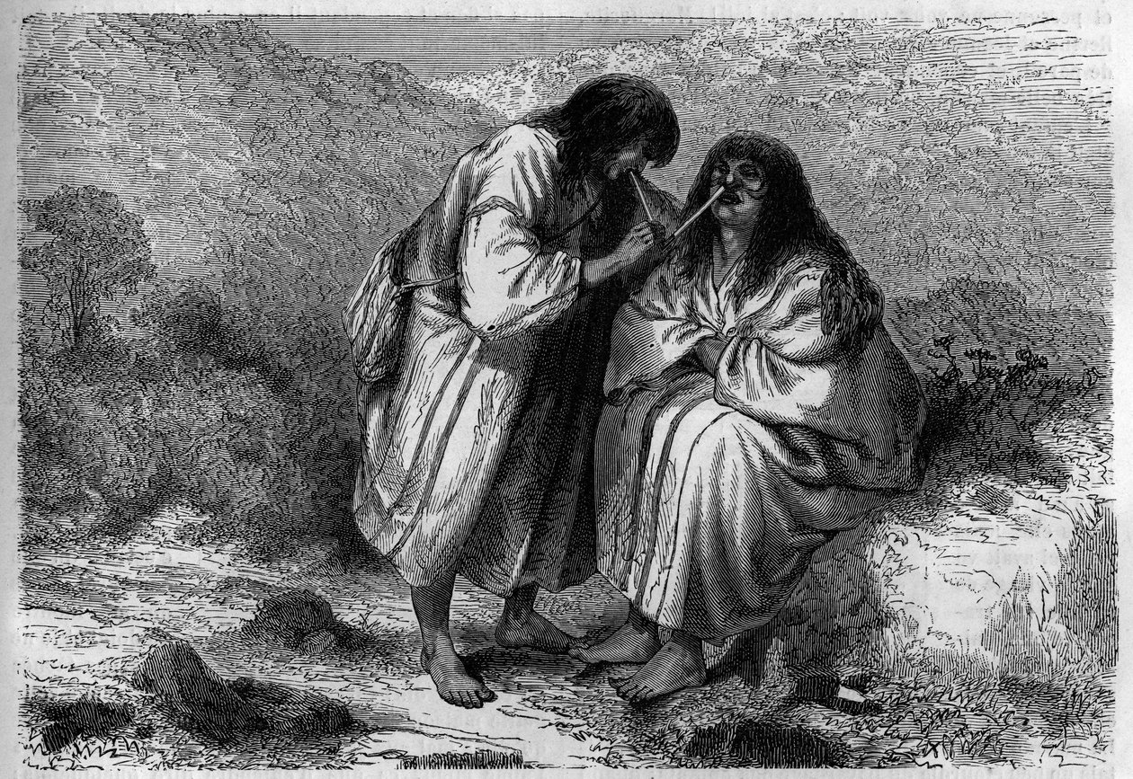 Soğuk algınlığı için çare: Amerikan Kızılderilileri arasında tütünün üflenmesi. “Le dergi de la jeunesse” üzerine gravür by Unknown artist