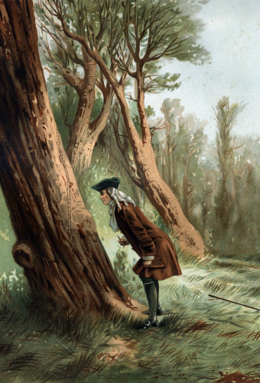 René Antoine Ferchault de Réaumur (1683-1757), Fransız fizikçi ve doğa bilimci, tırtılların ahlakını inceliyor.“La Ciencia y sus Hombres par Louis Figuier”den sonra Barcelona 1881 by Unknown artist