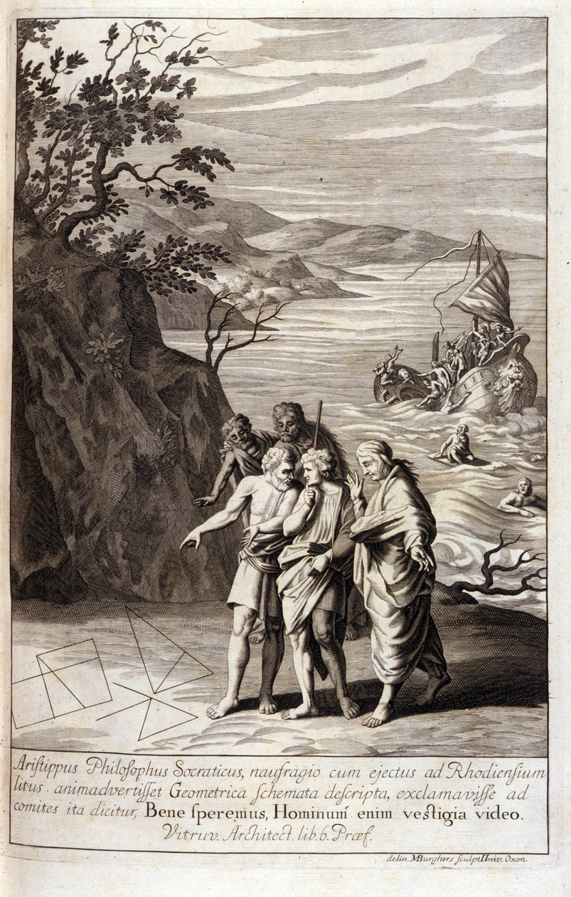 Cyrene'li Aristipus'un temsili (MÖ 435-356) Sokrates'in Yunan filozof müridi, kendisini Rodos sahiline atan gemi kazasından sonra kumda geometrik izler keşfeder. Öklid'in “Elementler” kitabının XV. Kitabından gravür. 1591 by Unknown artist