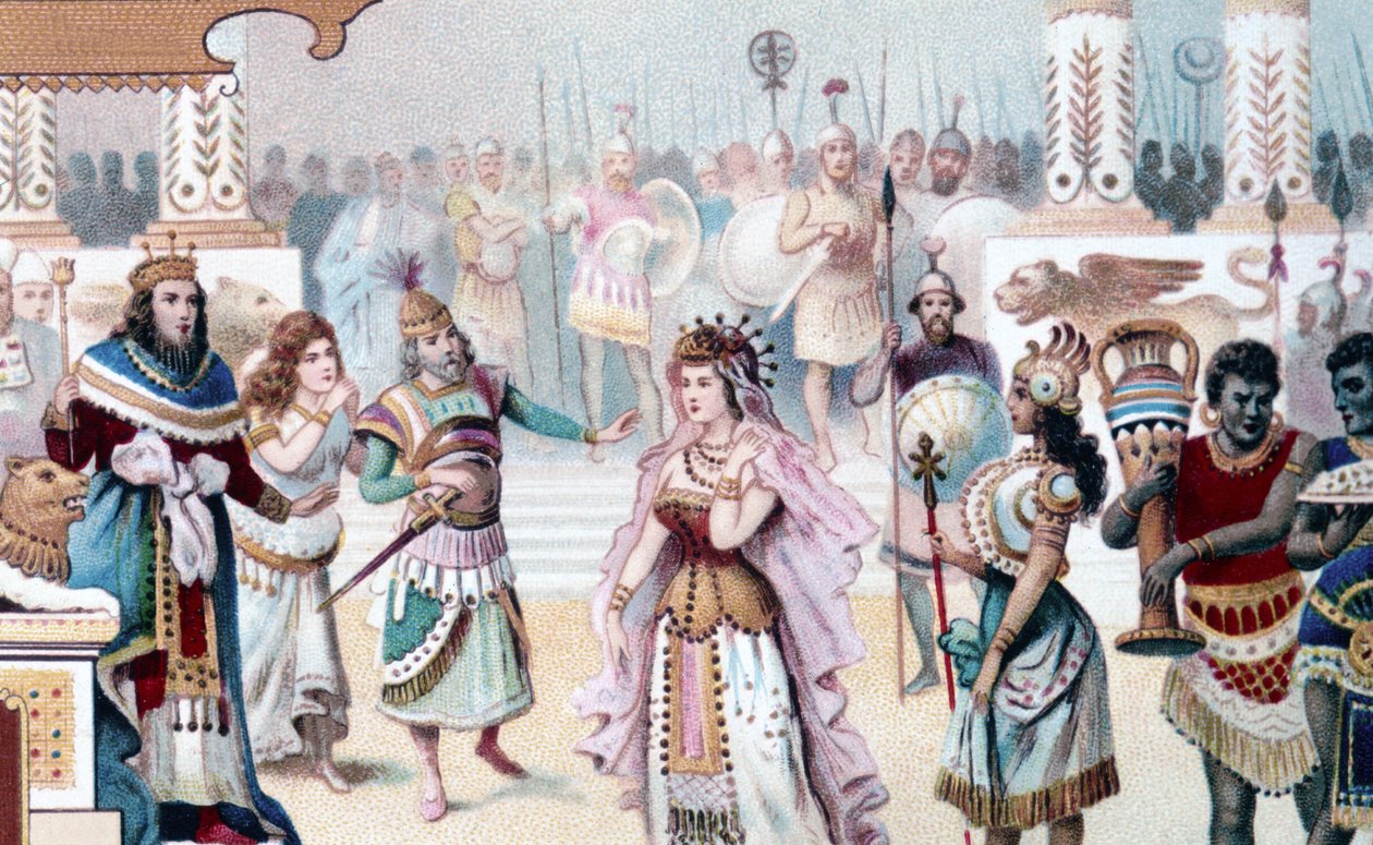 Karl Goldmark (1830 - 1915) tarafından bestelenen opera “Saba Kraliçesi”nin I. Perdesinin 1. Sahnesinin temsili. 19. yüzyılın kromolitografı. by Unknown artist