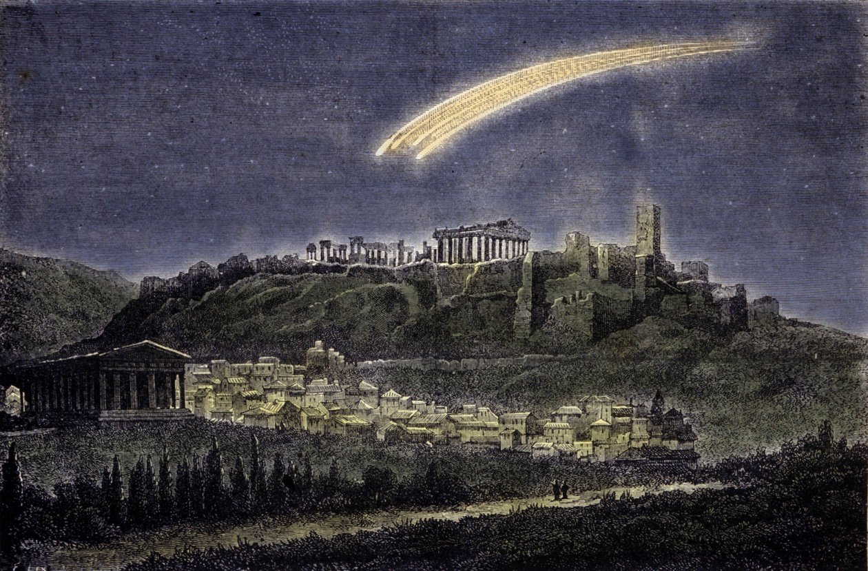1878'de Atina kasabasının üzerinde bir kuyruklu yıldızın temsili. by Unknown artist