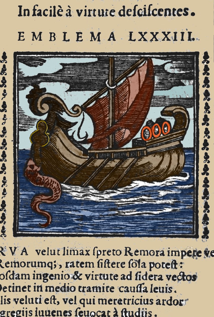 Pliny, Saint Ambrose ve Rabelais'in hikayelerine göre, kuyruğunu bir vantuzla bir kayaya bağlayarak gemilere saldıran ve gemiyi ağzıyla bloke eden bir remoranın temsili. 17. yüzyıla ait bir eserden gravür by Unknown artist