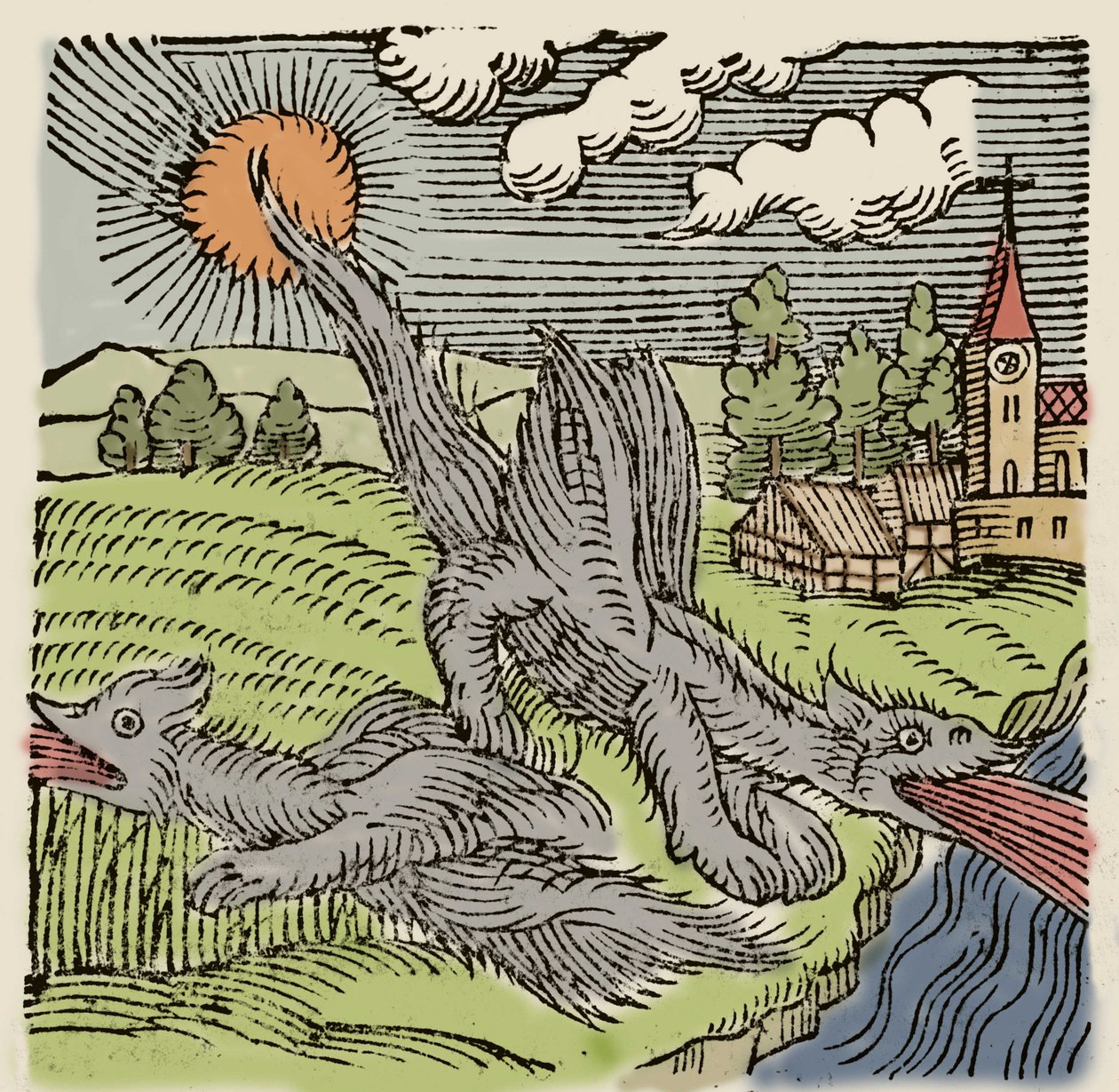 Uçan buğday tarlalarında baziliklerin temsili. Conrad Lycosthenes (1518-1561) tarafından “Prodigiorum ac ostentorum Chronicon”dan gravür. 1557. by Unknown artist