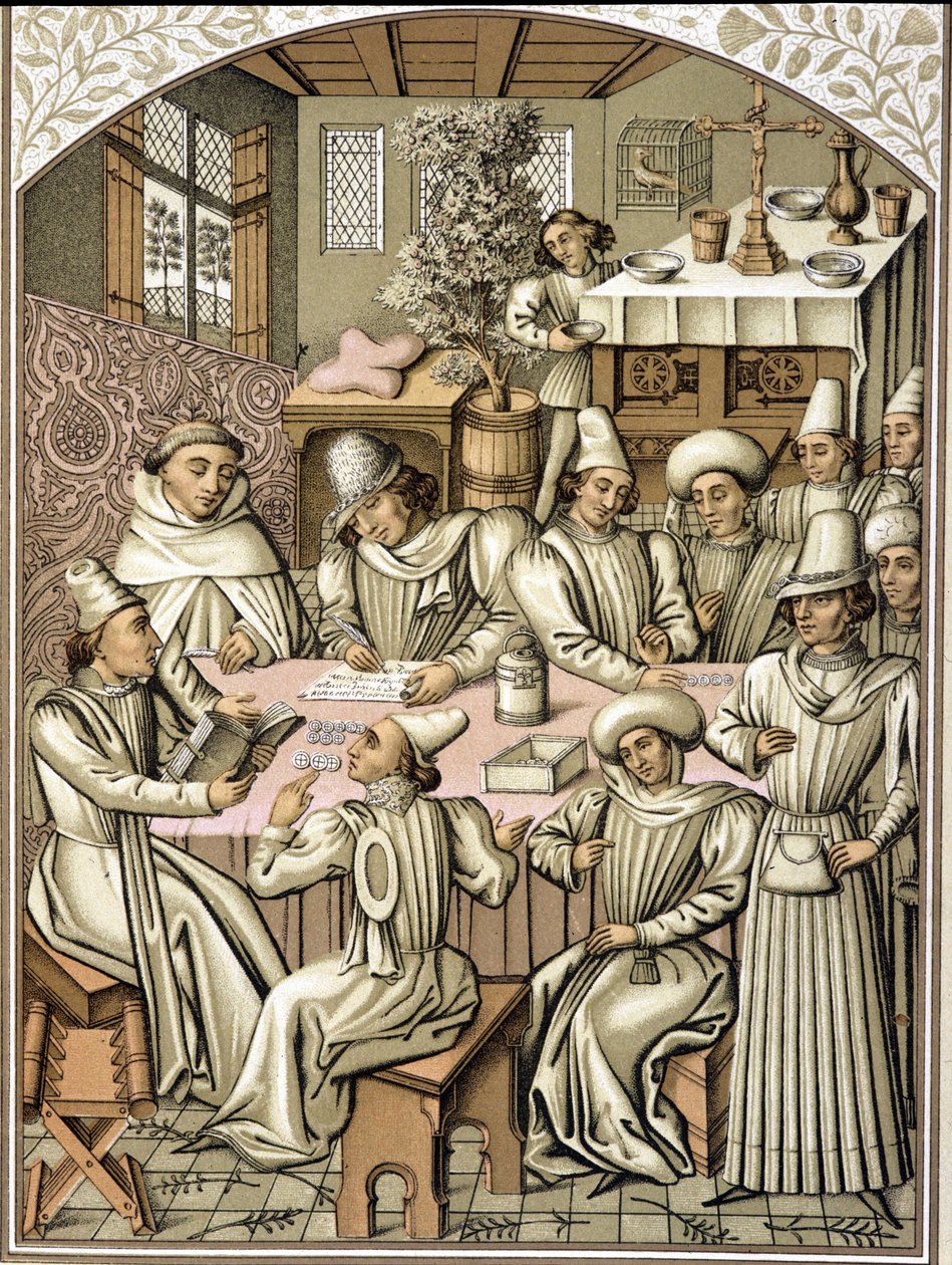 14. yüzyılda memurların temsili. “Dio e Nostra Signora” kardeşliğinin hesap kitabından kromolitograf by Unknown artist