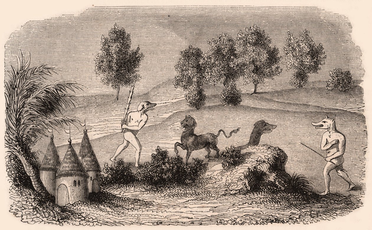 Ortaçağ kabilelerinin ve hayvan türlerinin temsili: iki Cynocephalus savaşan canavar by Unknown