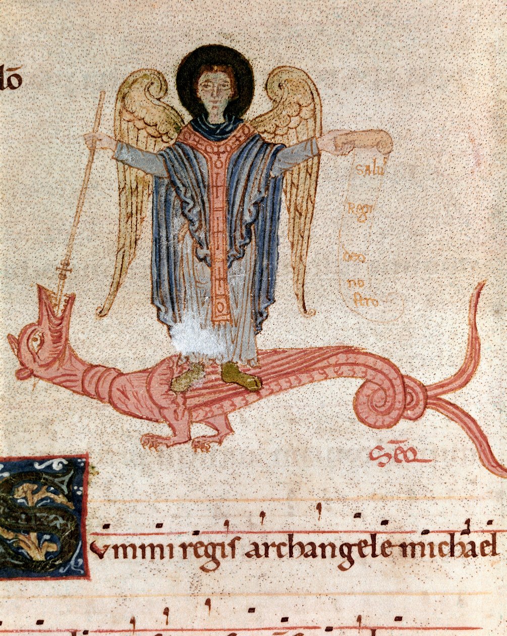 Kademeli bir antiphonary (tropair) (ms. 65) 12. yüzyıl Plaisance, Biblioteca Capitolare'den Başmelek Aziz Mikail ve ejderha Minyatürünün temsili by Unknown artist