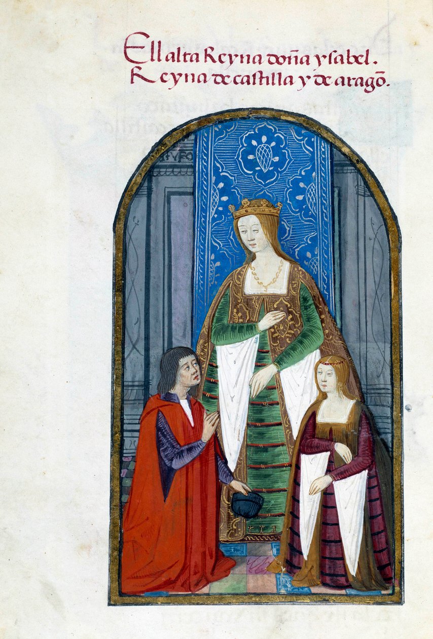 İspanya Kraliçesi Katolik Isabella (1451-1504), kızı Jeanne Iere the Folle (1479-1555) ve Pedro Marcuello'nun temsili. Pedro Mar'ın "" İspanya Kraliçesi Joan the Folle'nin (1479-1555) adanmışlık koleksiyonu"ndan alınan el yazması by Unknown artist