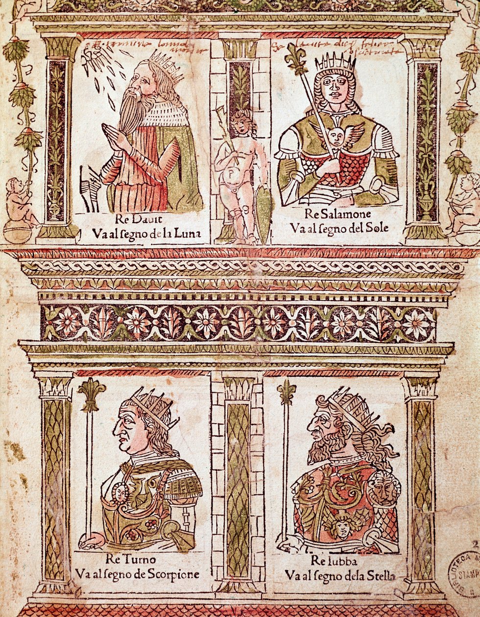 Krallar sayfasının temsili: Kral David, Kral Süleyman, Kral Turno ve Kral Lubba (Kralların Sayfası) Lorenzo Spirito Gualtieri (veya Lorenzo Spirito da Perugia (Perugia) tarafından "" Libro delle yayınlandı" "dan plaka (1426- 1496) şair ve hümanist by Unknown artist