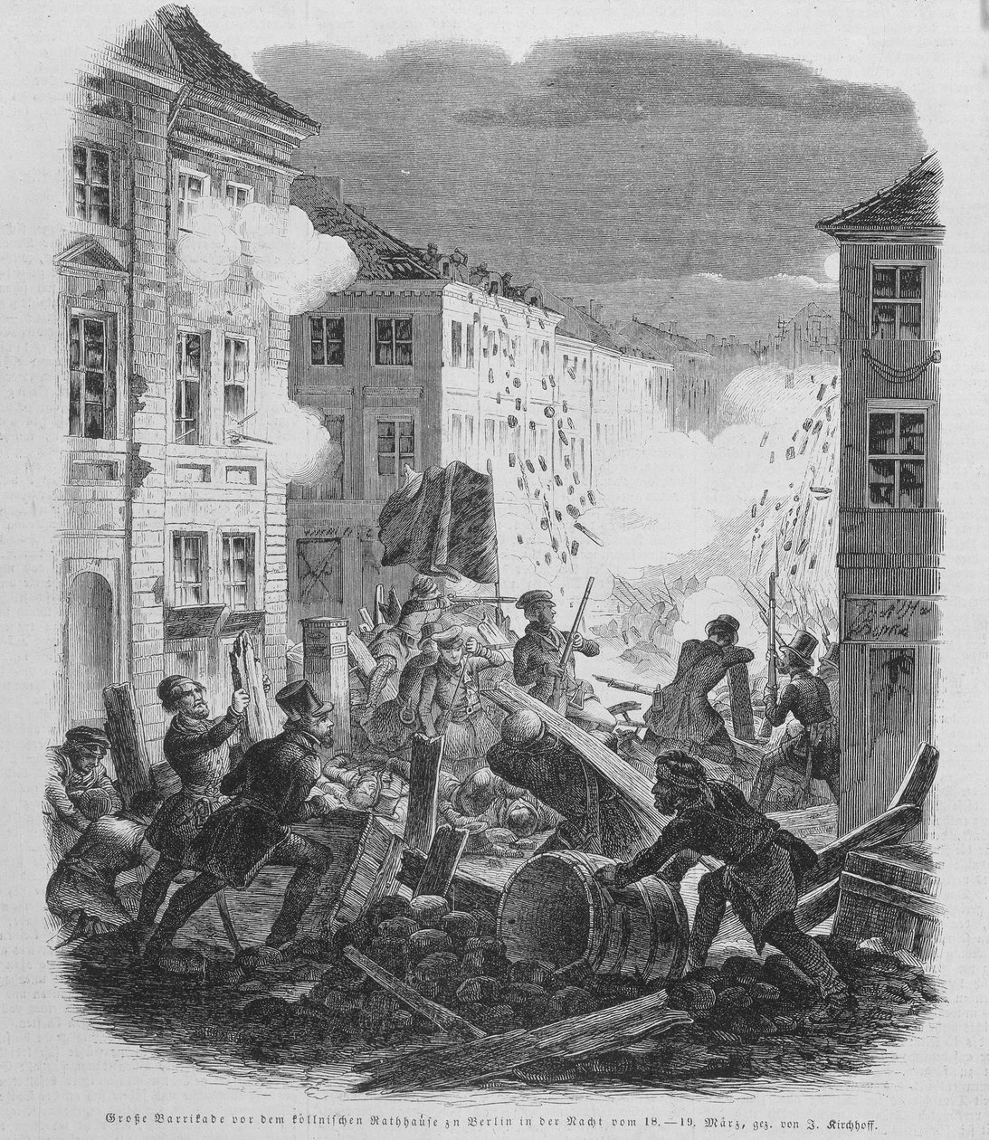 1848 Mart Devrimi: 19/03/1848'de Berlin'de barikat. Prusyalı Frederic William IV, yeniden birleşmeyi ve liberal bir hükümeti kabul etmeye yönlendirilecek. by Unknown artist