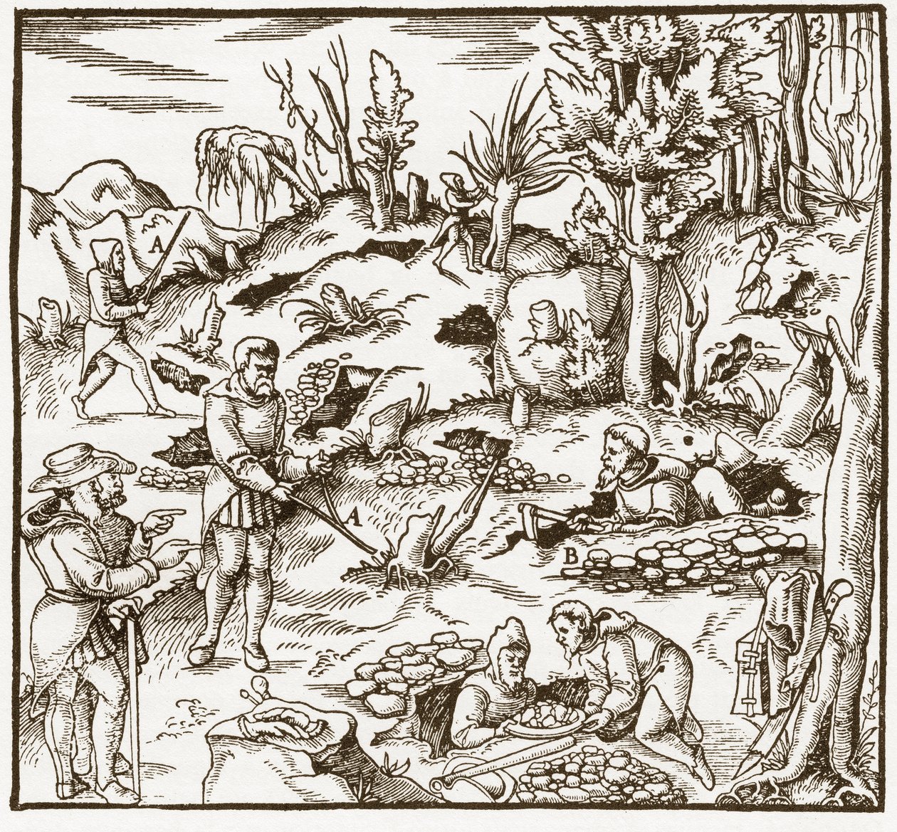 Rabdomancy - rhabdomancie - Kehanet değneği kullanarak bir maden sahasının keşfi - Erkekler mineralleri bulmak için kehanet çubuklarını keser ve kullanır - Georgius Agricola (Georg Bauer), Basel tarafından “” De re metalica” dan by Unknown artist