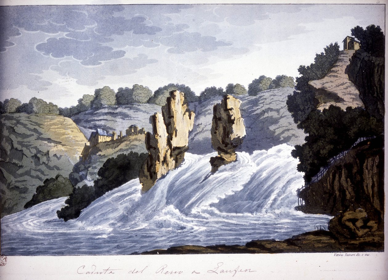 Almanya'nın Laufen kentindeki Ren şelalesi. 19. yüzyılın başından itibaren gravür. by Unknown artist