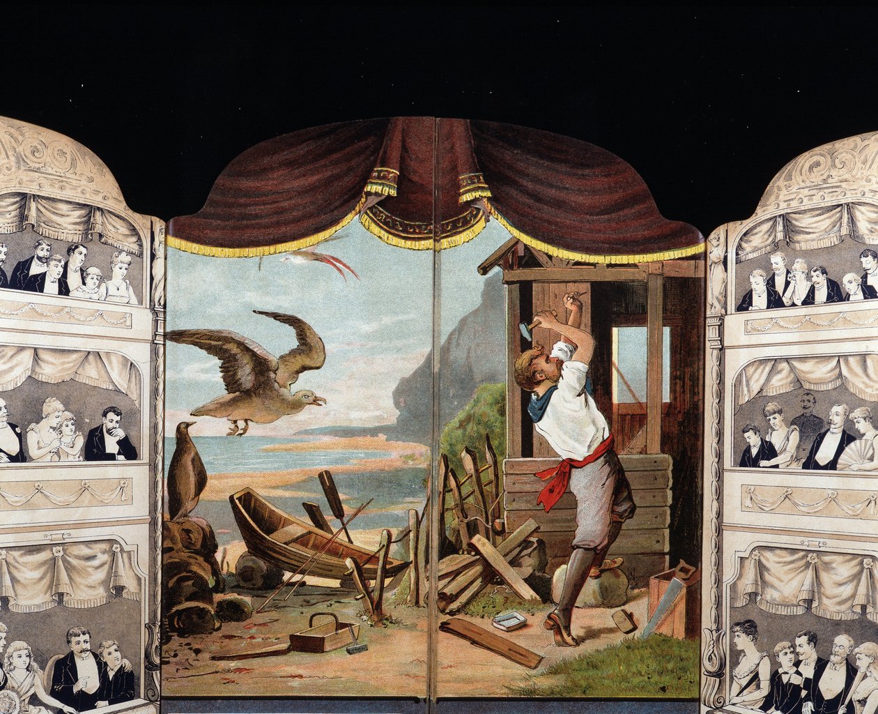 Robinson Crusoe kulübesini inşa ediyor, 1890 dolaylarında. Roman, Daniel de Foe veya Defoe (1660 - 1731) by Unknown artist