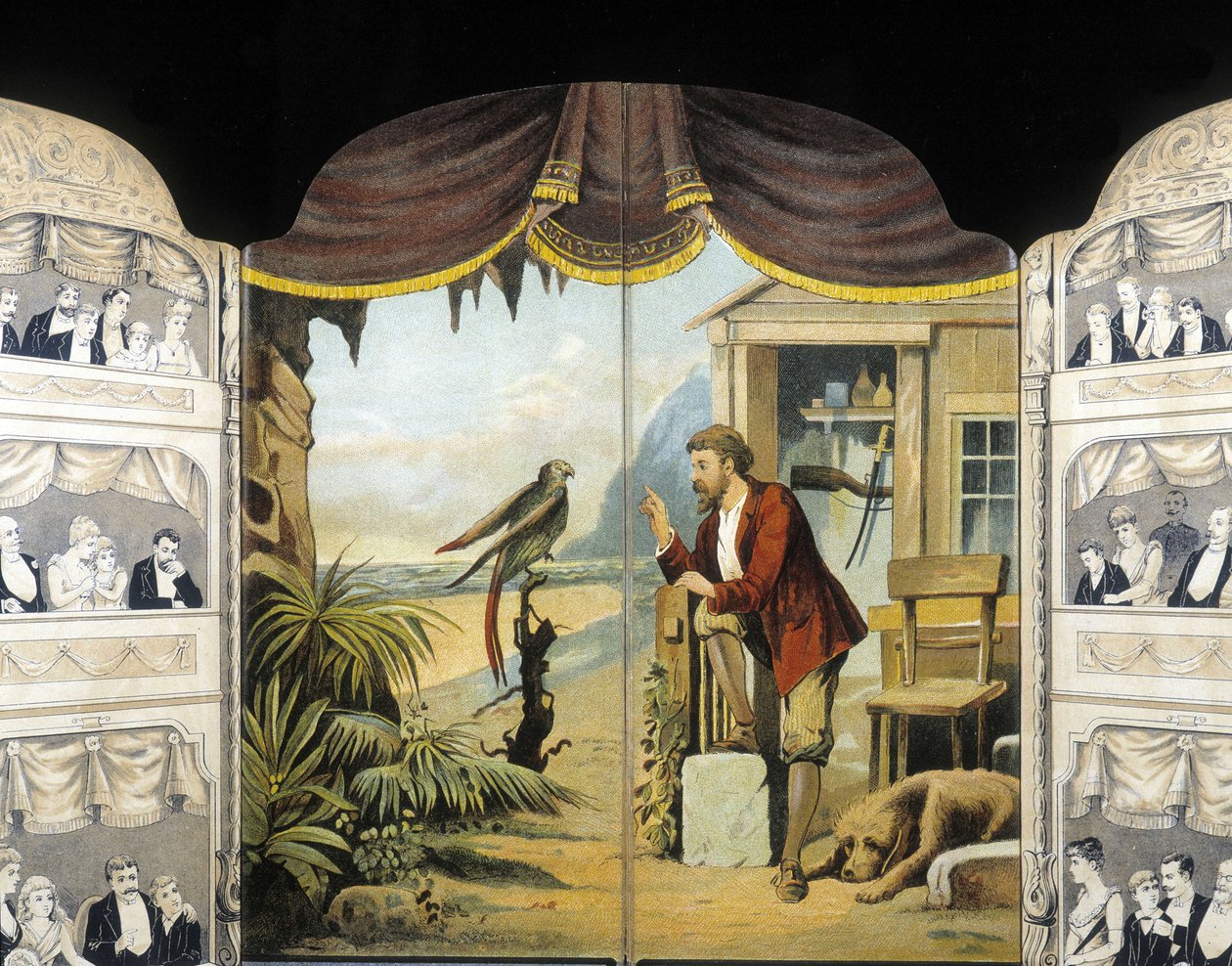 Robinson Crusoe, papağanı ile, 1890 dolaylarında. Roman, Daniel de Foe veya Defoe (1660 - 1731) by Unknown artist