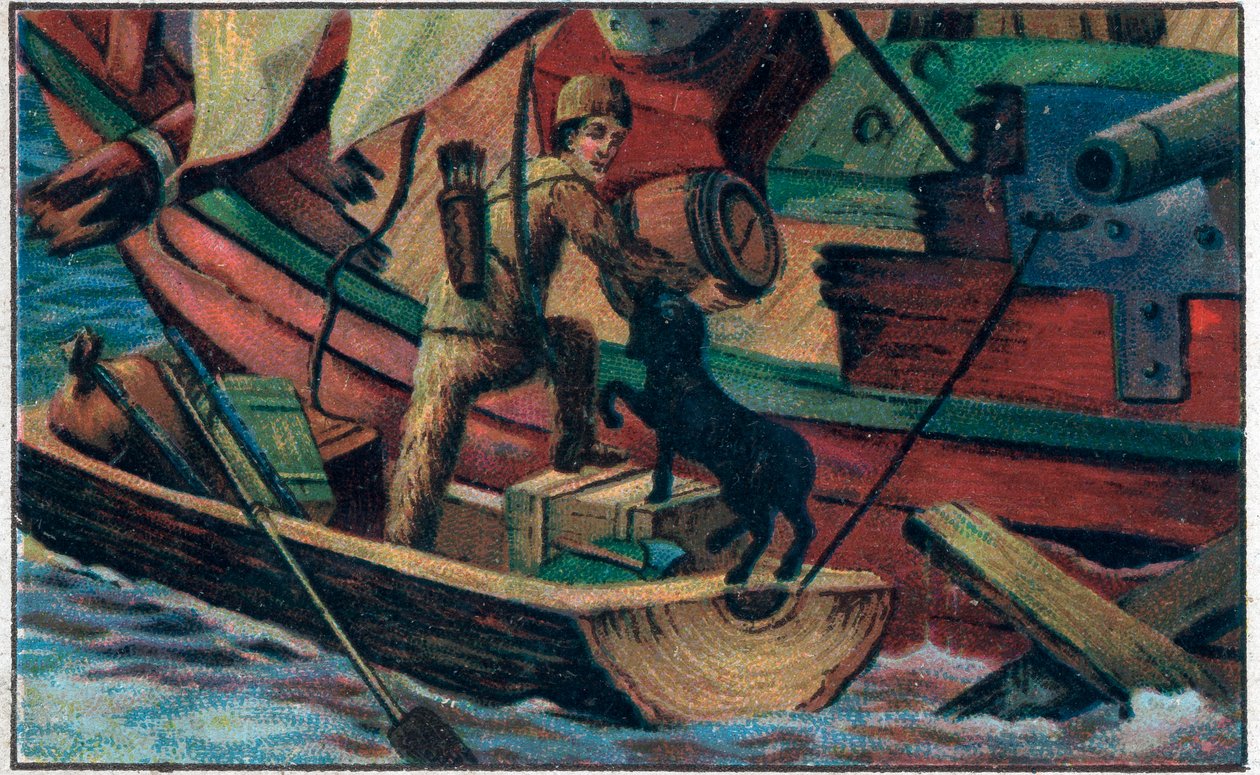 Robinson enkazı ziyaret eder. Daniel Defoe (De foe) “” Robinson Crusoe”” kitabı için illüstrasyon. 19. yüzyılın sonlarında kromolitografi. by Unknown artist