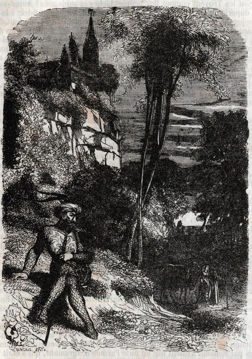 Rodomont, Isabella ve Eski Münzevi - 1851, Ariosto olarak bilinen Ludovico Ariosto tarafından “Öfkeli Roland” (Orlando furioso) (16. yüzyıl) dan gravür - Tressan Kontu tarafından İtalyancadan çevrilmiş ve Gustave Harvard tarafından yayınlanmış 1851 by Unknown artist