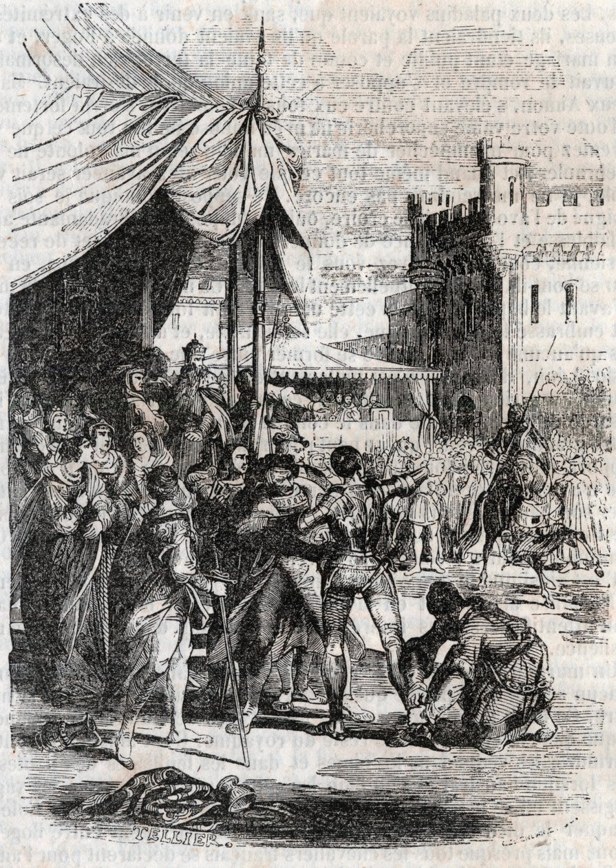 Roger (Ruggero, Ruggiero) Rodomont (Rodomonte) tarafından savaşa meydan okuyor - Ludovico Ariosto tarafından “Öfkeli Roland”dan (Orlando furioso) (16. yüzyıl) 1851 gravürü, Ariosta olarak bilinir - Basım, Kont tarafından İtalyancadan çevrilmiştir. Tressan  by Unknown artist
