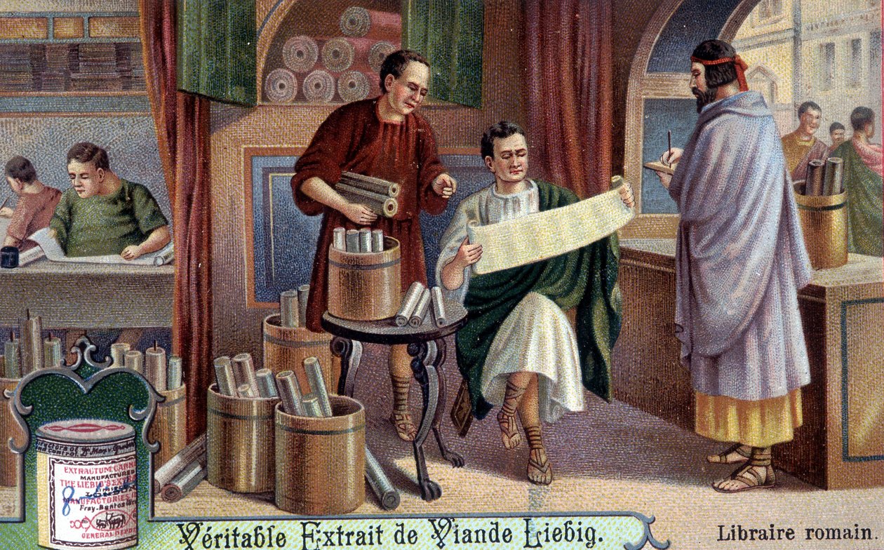 Romalı kitapçı. Kromolitografi, Liebig görüntüsü. by Unknown artist