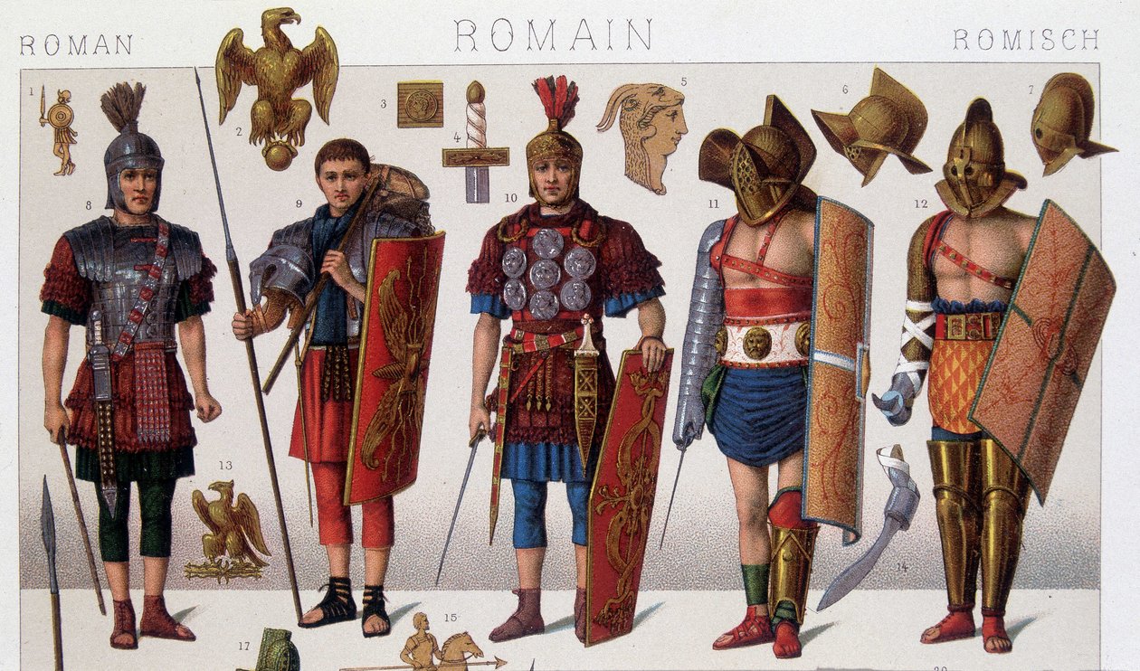 Roma gladyatör kostümleri ve savaşçılar. 19. yüzyıl kromolitografisi. by Unknown artist