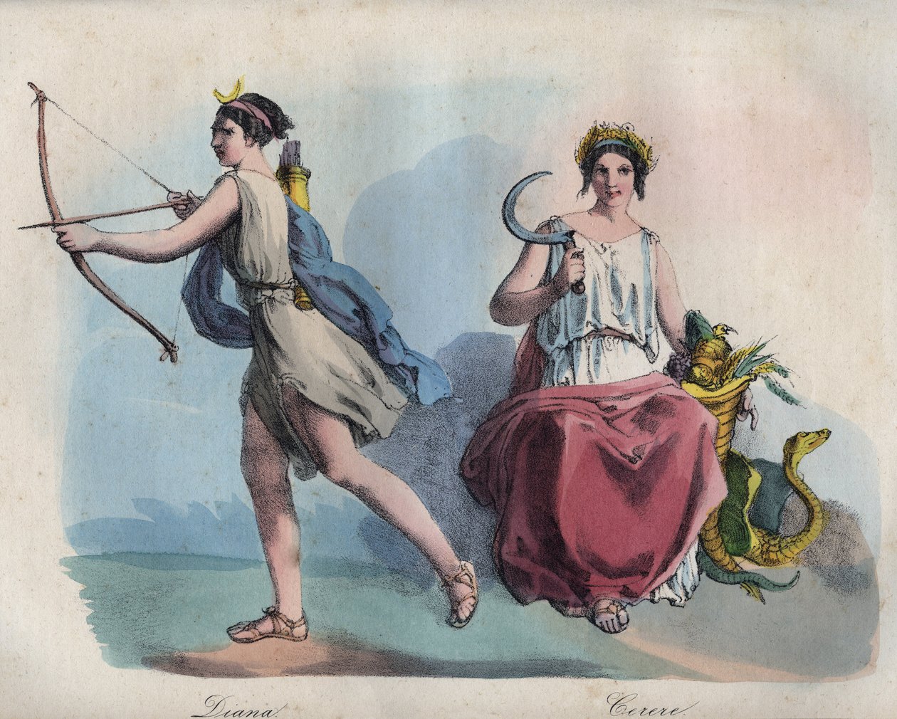 Roma mitolojisi - Diana (Diane) av tanrıçası ve Ceres tarım tanrıçası - “Evrenin Tüm Halklarının Gümrük ve Geleneklerinden” gravür. Bu, hükümetin, yasaların, milislerin, en eski çağlardan beri tüm ulusların dininin tarihidir. by Unknown artist