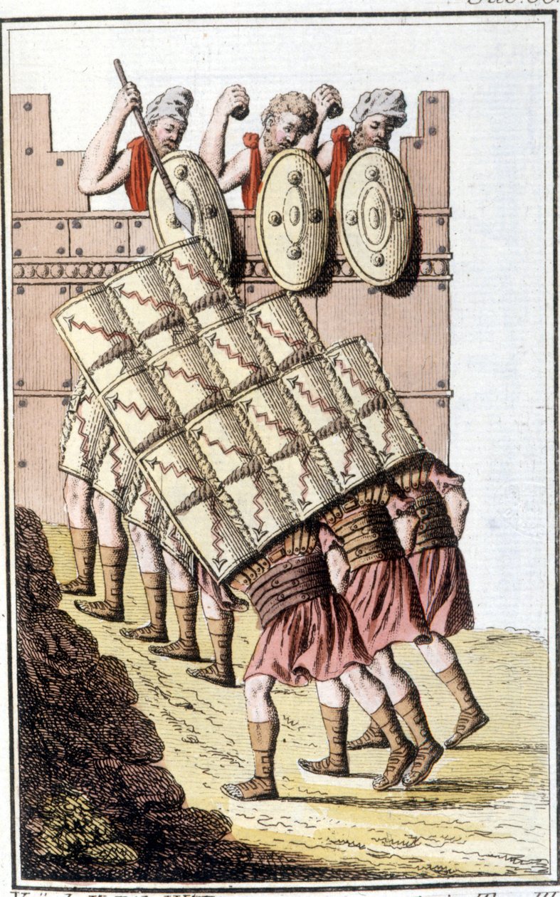 Kalkanlarıyla manevra yapan ve kendilerini savunan Romalı askerler (Roma lejyonu). 19. yüzyılın başından itibaren gravür by Unknown artist