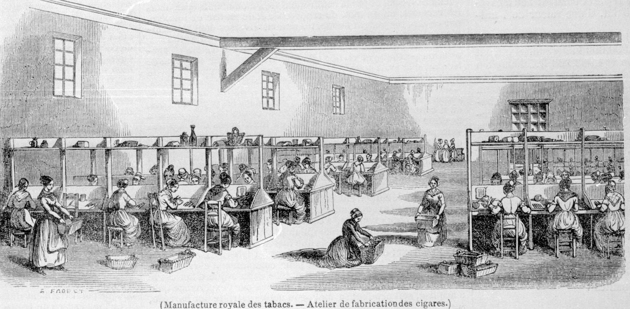 Kraliyet Tütün İmalatı: puro imalat atölyesi. 19. yüzyıl gravürü. by Unknown artist