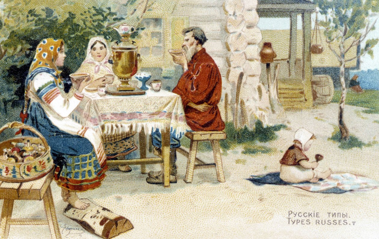 Rus ailesi bir semaverin etrafında çay içiyor - chromo. by Unknown artist
