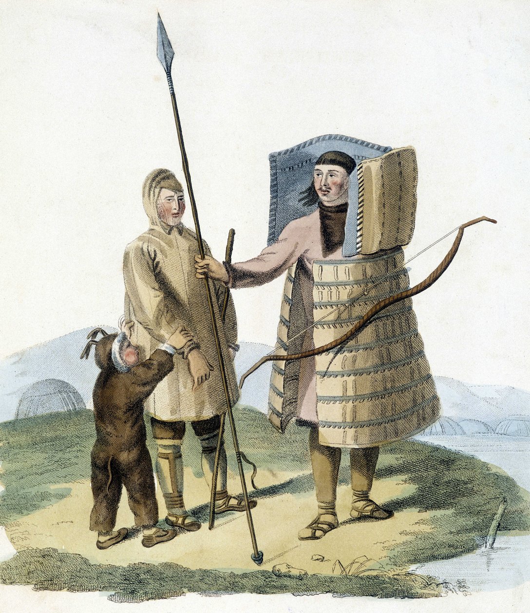Rus adam, karısı ve çocuğuyla birlikte av kıyafeti giymiş. by Unknown artist