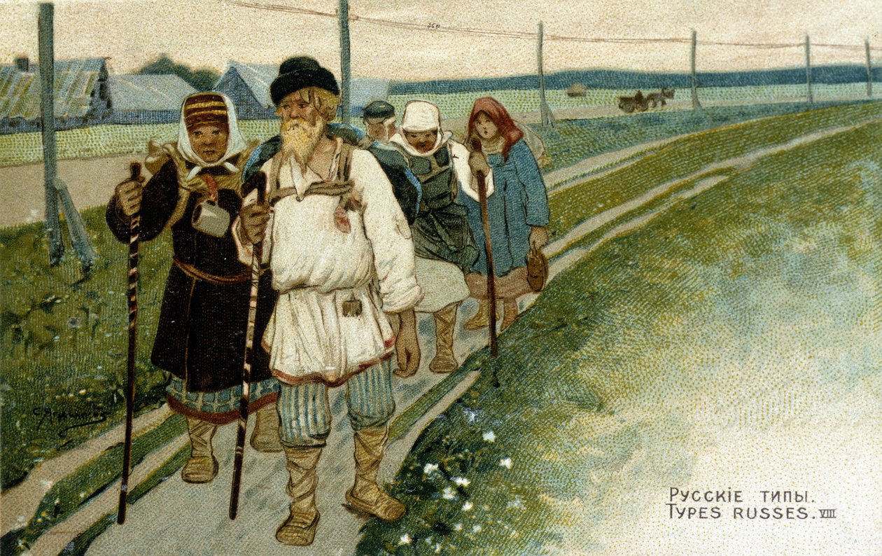 19. yüzyılda yaya Rus gezginler. by Unknown artist